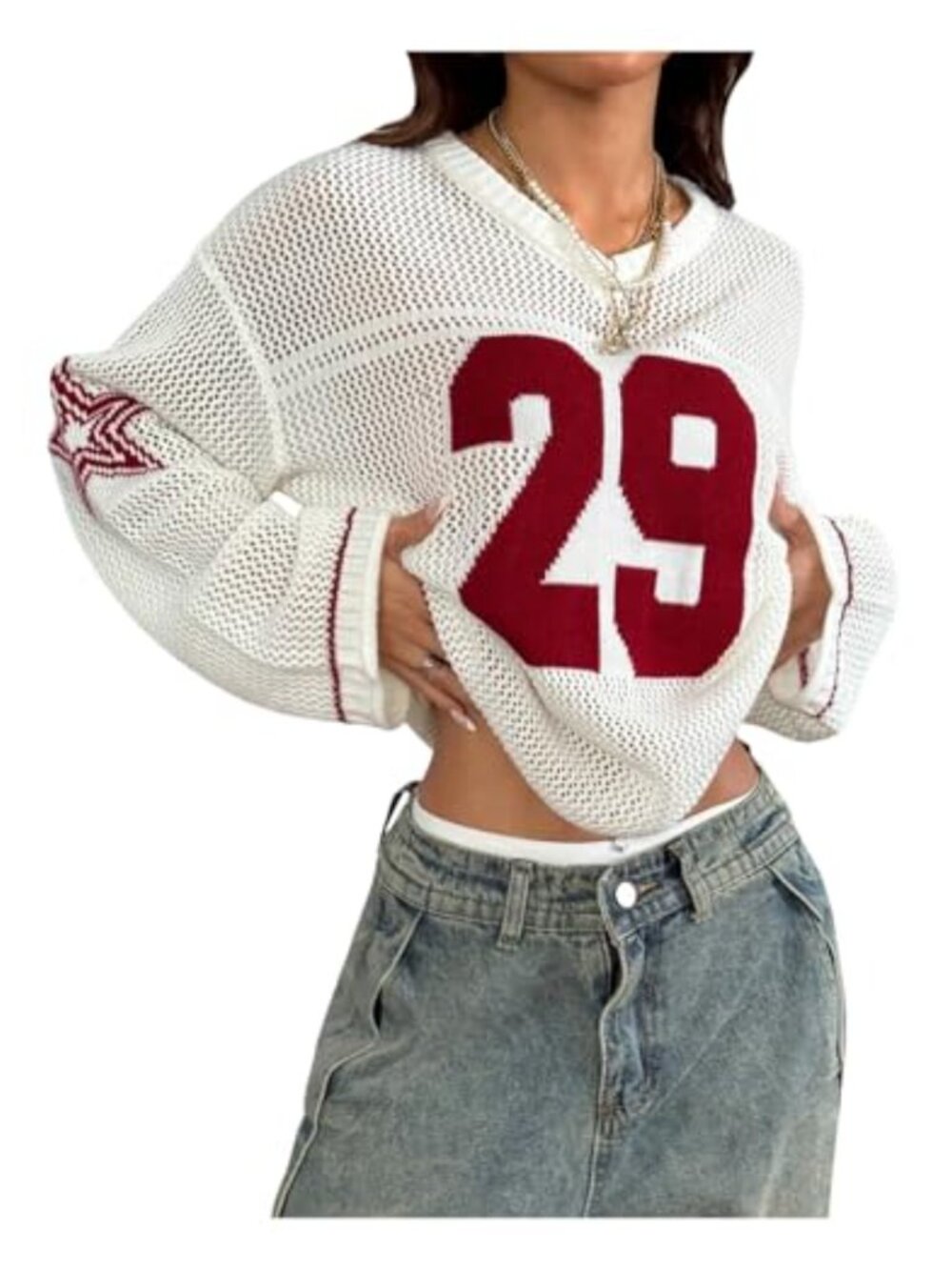 Y2k Crochet Hollow Out Knit Oversized V Neck Long Sleeve Top